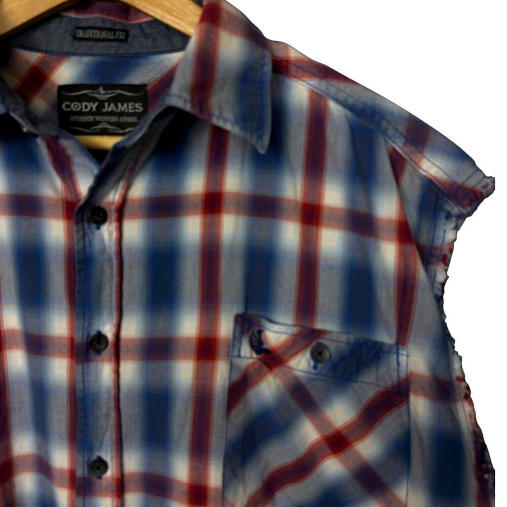 Cody James Western Plaid Sleeveless Shirt Mens Large Red Blue Cutoff Cowboy - Picture 5 of 10